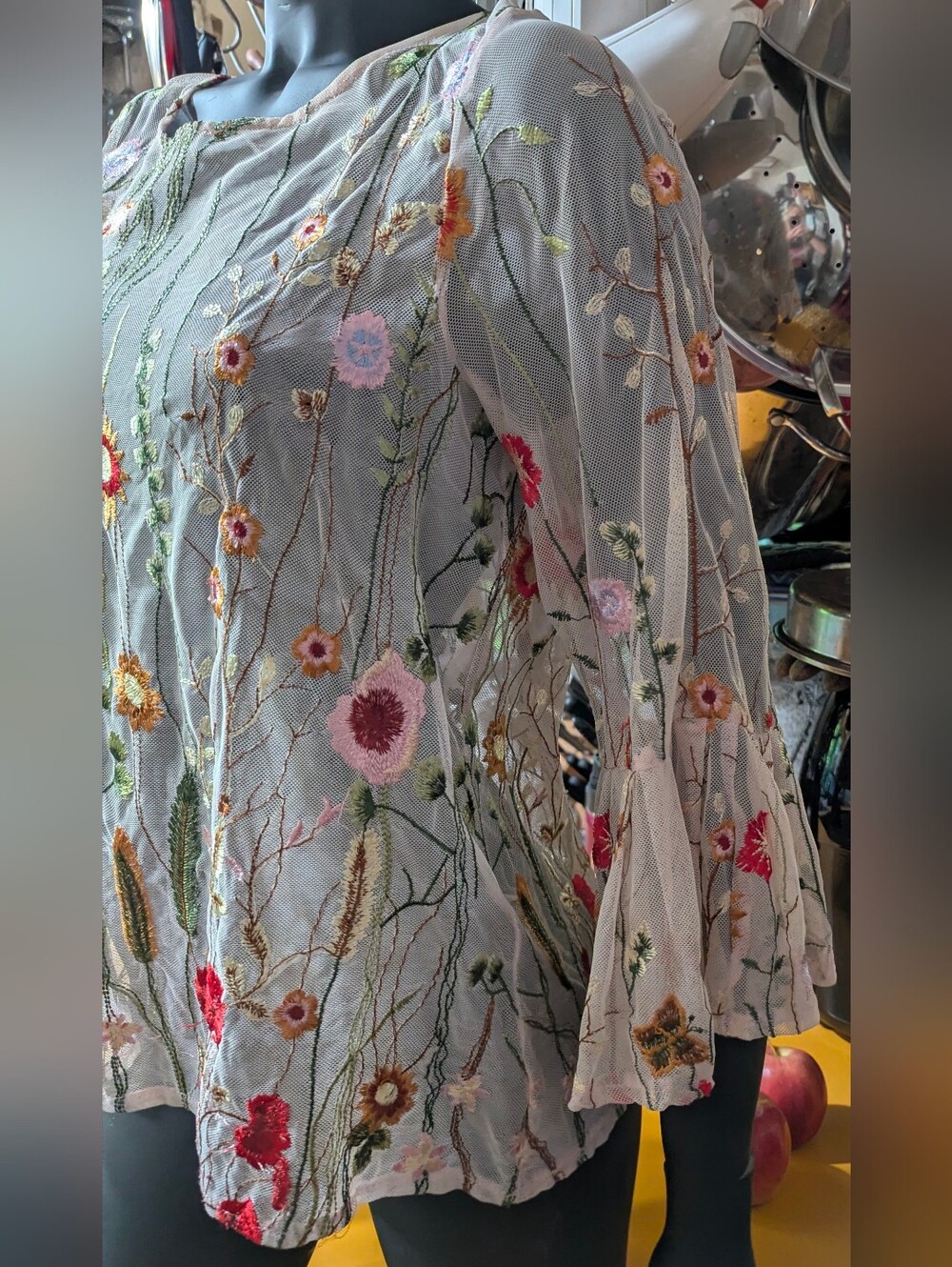Cynthia Rowley Sheer Embroidered Floral Bell-Sleeve Blouse